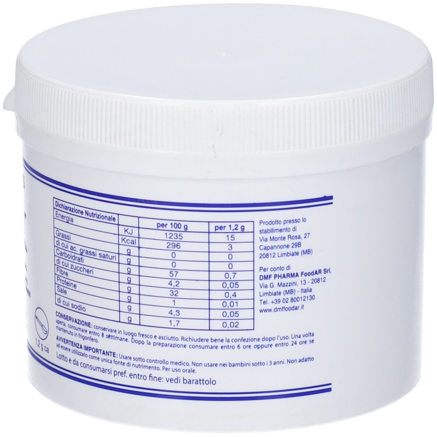 Contenitore bianco con tabella nutrizionale. Scritta: AM PLUS Clear. Informazioni nutrizionali per 100 g e 1,2 g.