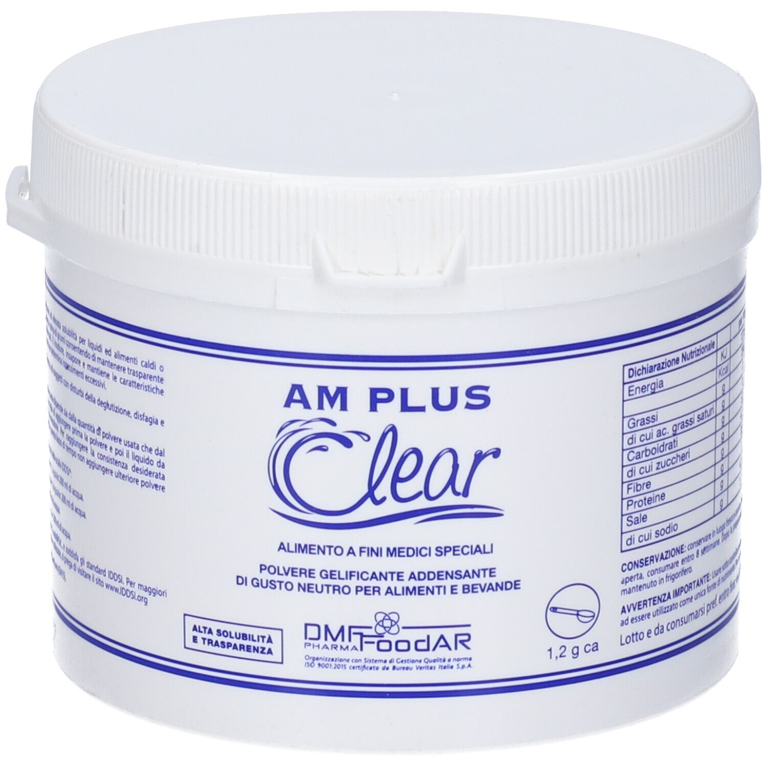 Contenitore bianco con stampa blu. Scritta: AM PLUS Clear. Prodotto per usi medici. 1,2 g.
