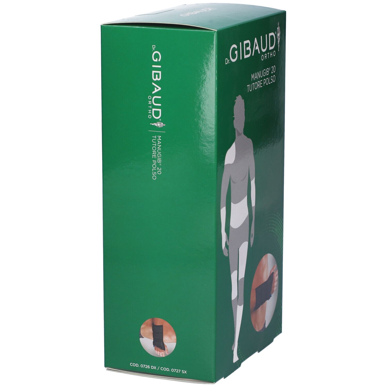 Confezione verde Gibaud Ortho Manugib 20, vista laterale. Nome del prodotto e illustrazione.