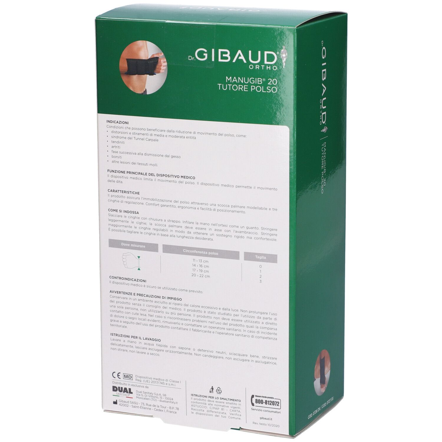 Retro della confezione verde Gibaud Ortho Manugib 20. Informazioni testuali e indicazioni delle taglie.