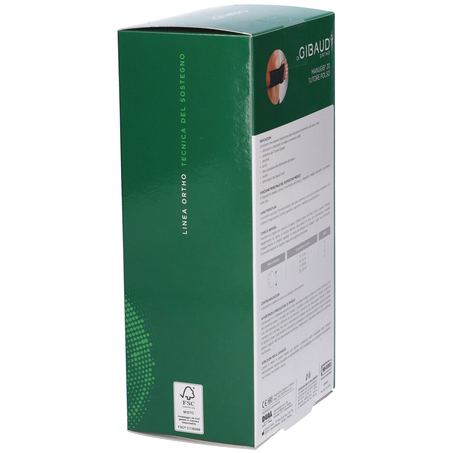 Vista laterale della confezione verde Gibaud Ortho Manugib 20. Testo e logo.