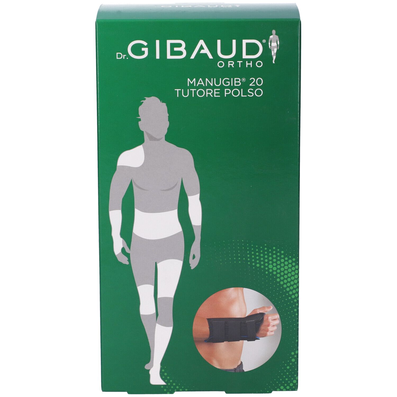 Confezione verde Gibaud Ortho Manugib 20. Illustrazione di un tutore per polso. Nome del prodotto e illustrazione stampati.