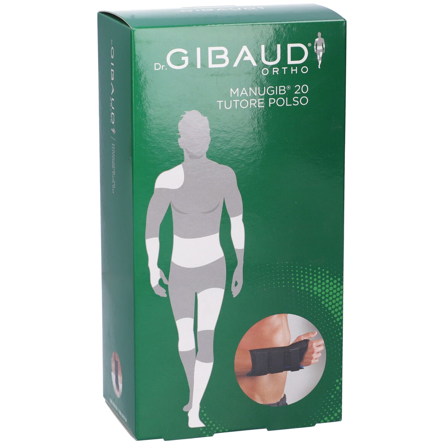 Confezione verde Gibaud Ortho Manugib 20. Illustrazione di un tutore per polso. Nome del prodotto e illustrazione stampati.