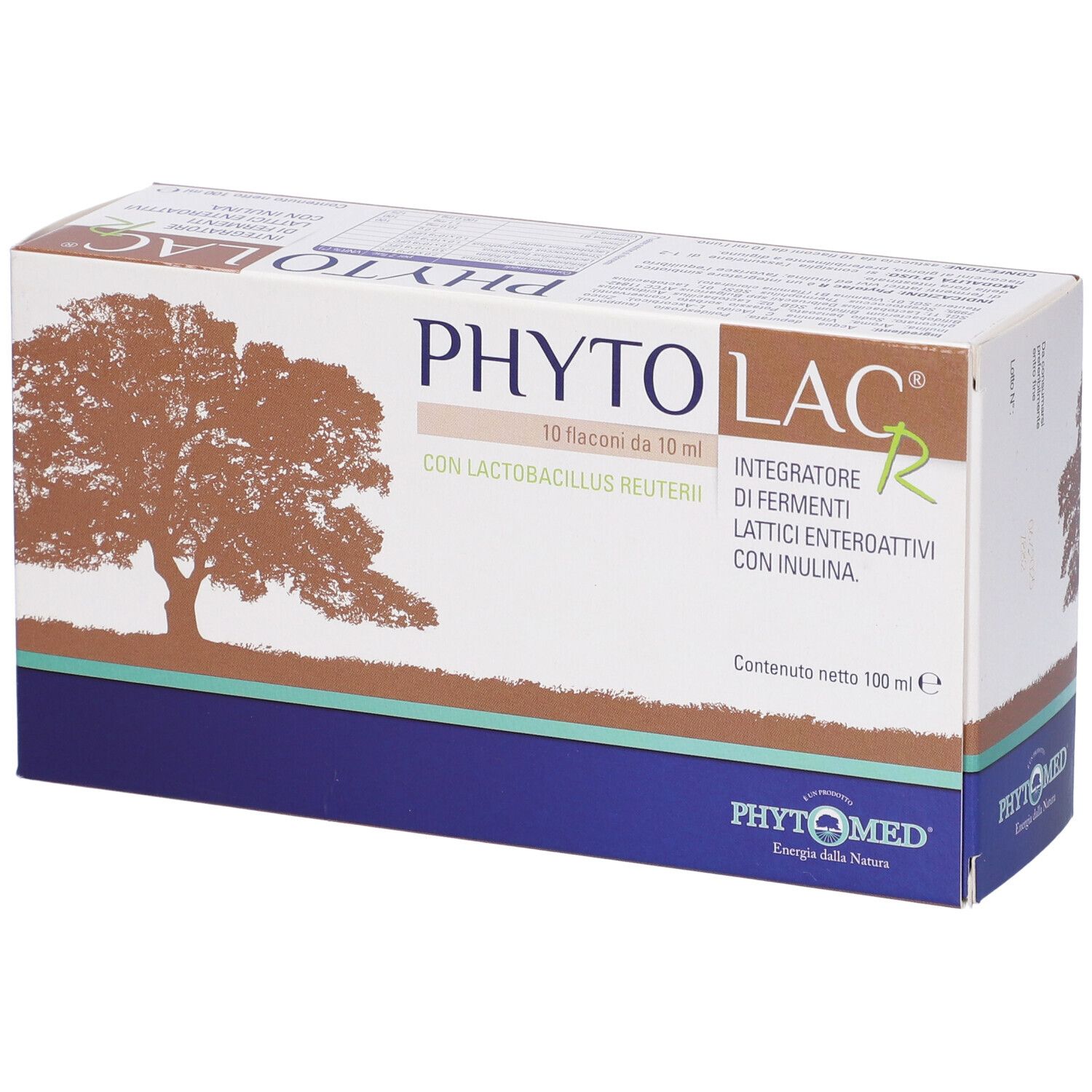Confezione prodotto con testo: PHYTOLAC, 10 flaconcini, Integratore di fermenti lattici. Logo albero.