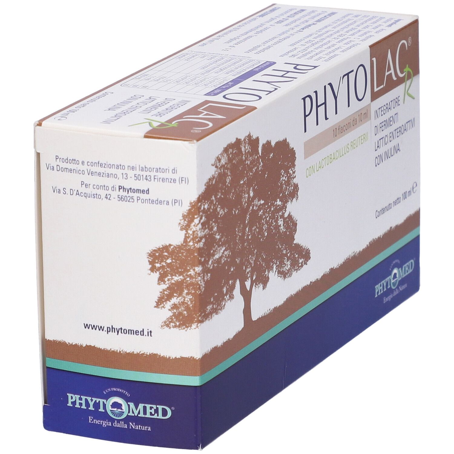Confezione prodotto con testo: PHYTOLAC, 10 flaconcini, Integratore di fermenti lattici. Logo albero.