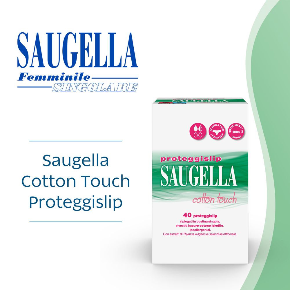 Confezione del prodotto Saugella Cotton Touch. Logo e nome del prodotto. Sfondo con design verde.