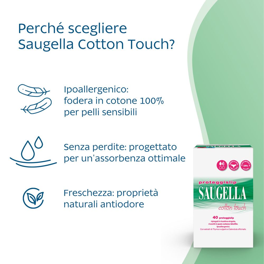Grafica con testo su Saugella Cotton Touch. Parole chiave: ipoallergenico, 100% cotone, nessuna perdita, freschezza.