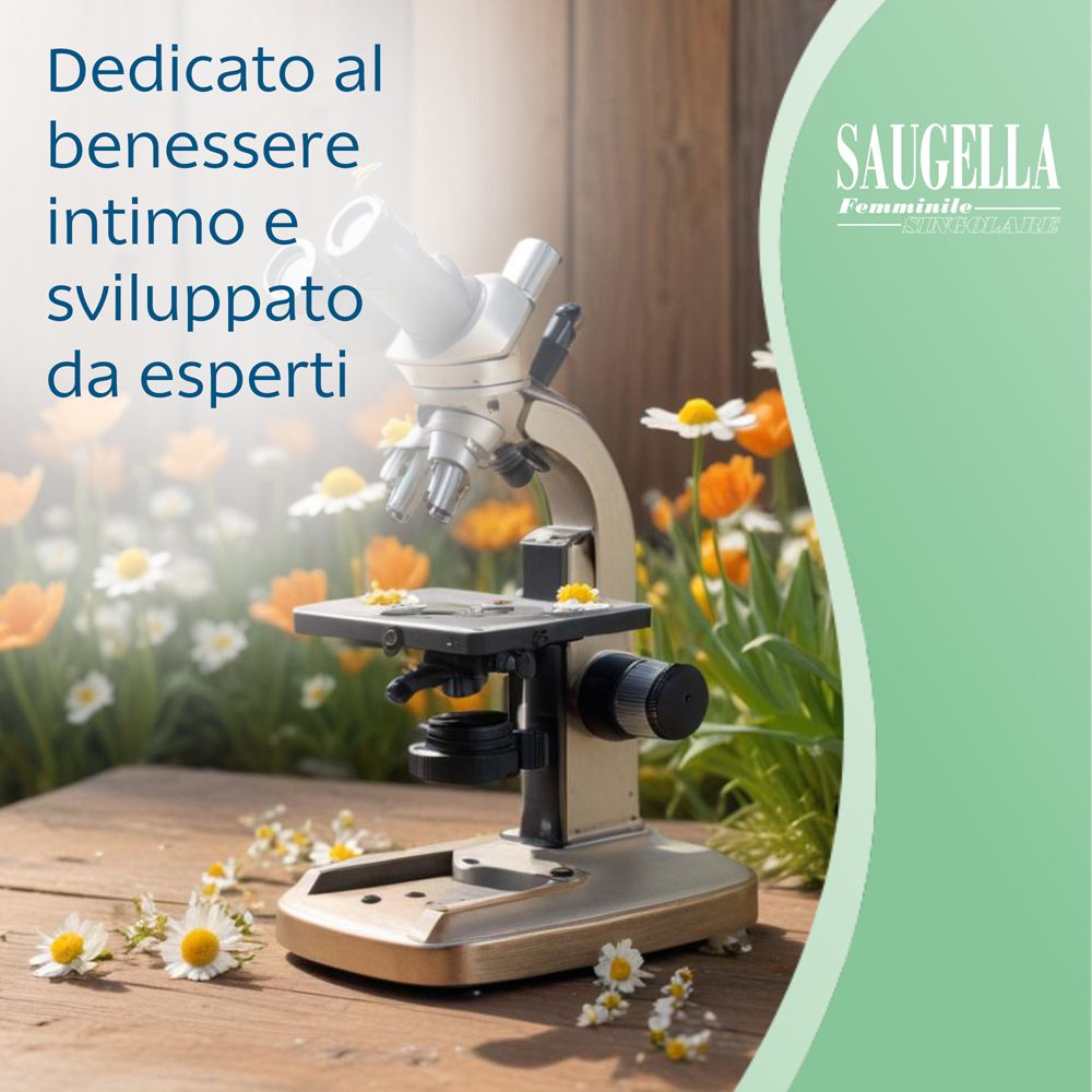 Microscopio su superficie in legno con fiori. Logo Saugella. Testo: Dedicato al benessere intimo.