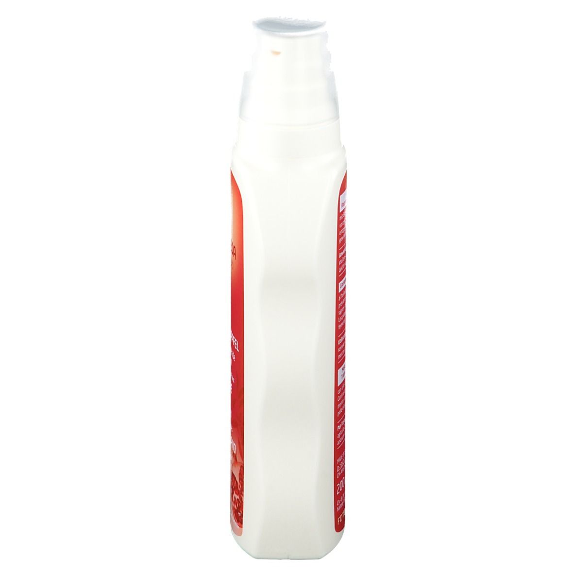 Vista laterale del flacone bianco con etichetta rossa. Testo: WELEDA, Melograno Crema Fluida.