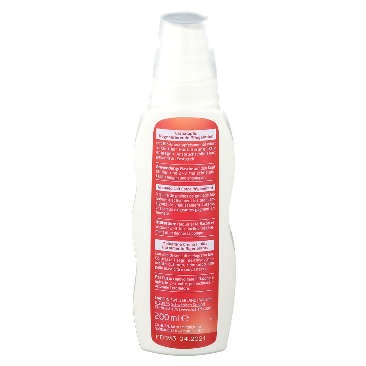 Retro del flacone bianco con etichetta rossa. Testo e istruzioni per l'uso. 200 ml.