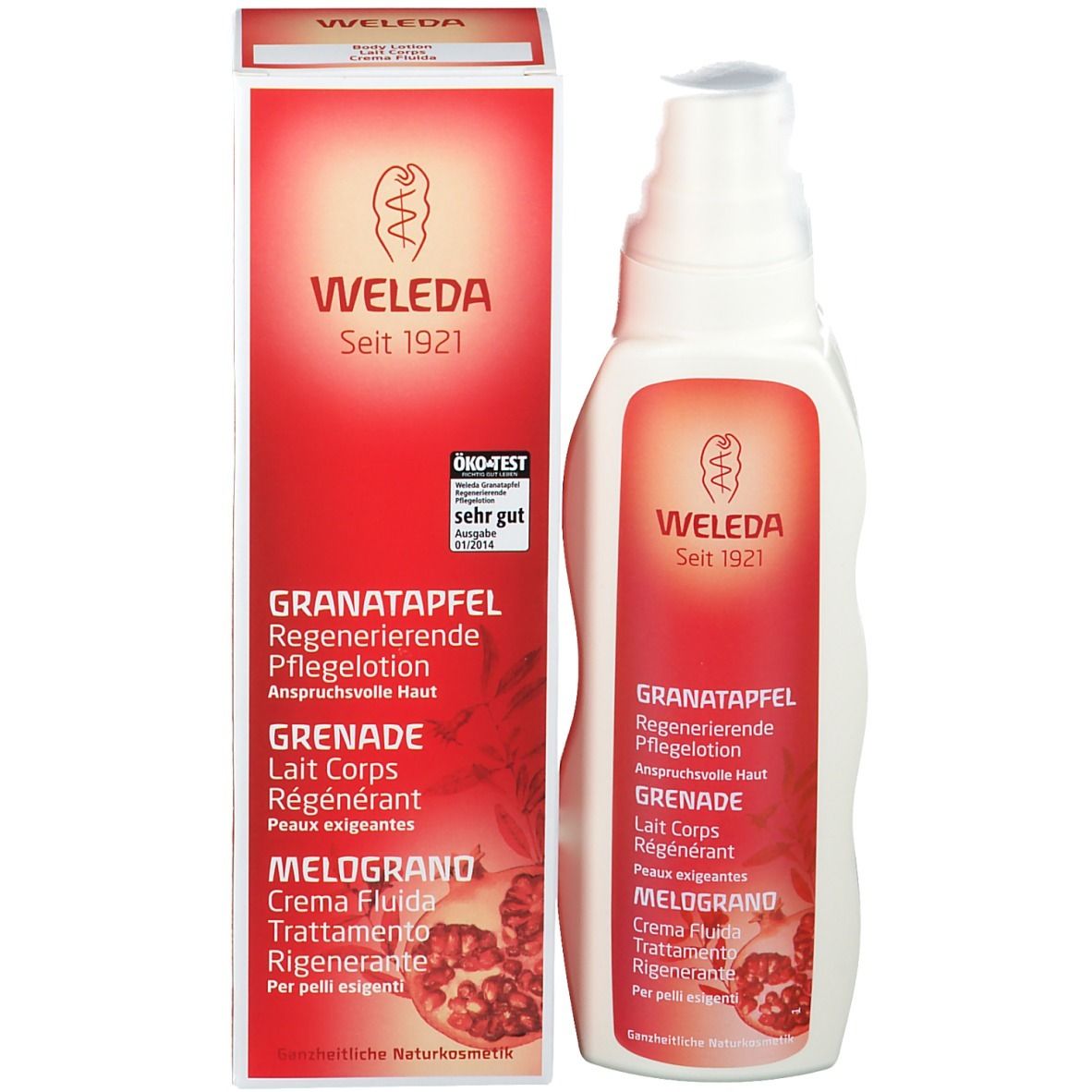 Confezione e flacone. Confezione rossa con testo bianco: WELEDA, Melograno Crema Fluida. Con sigillo Öko-Test.
