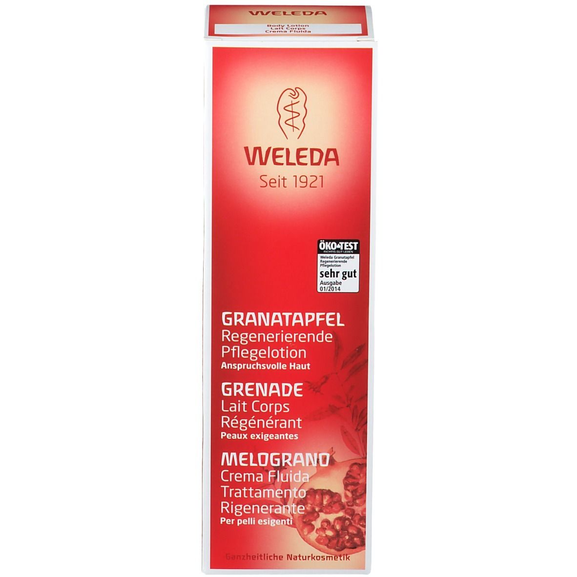 Confezione rossa con testo bianco: WELEDA, Melograno Crema Fluida. Con sigillo Öko-Test.