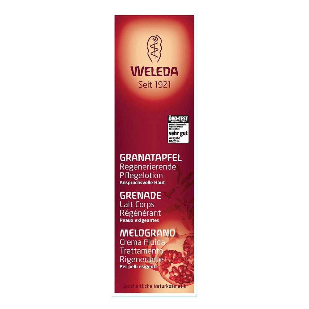 Confezione rossa con testo bianco: WELEDA, Melograno Crema Fluida. Con sigillo Öko-Test.