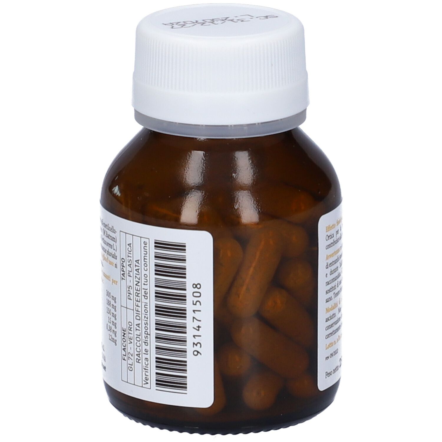 Flacone di vetro marrone con tappo bianco. Capsule visibili all'interno. Codice a barre sull'etichetta.