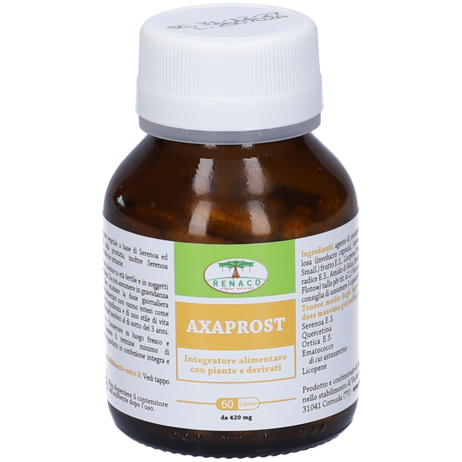 Flacone di vetro marrone con tappo bianco. L'etichetta riporta "Axaprost" e "60 Capsule".