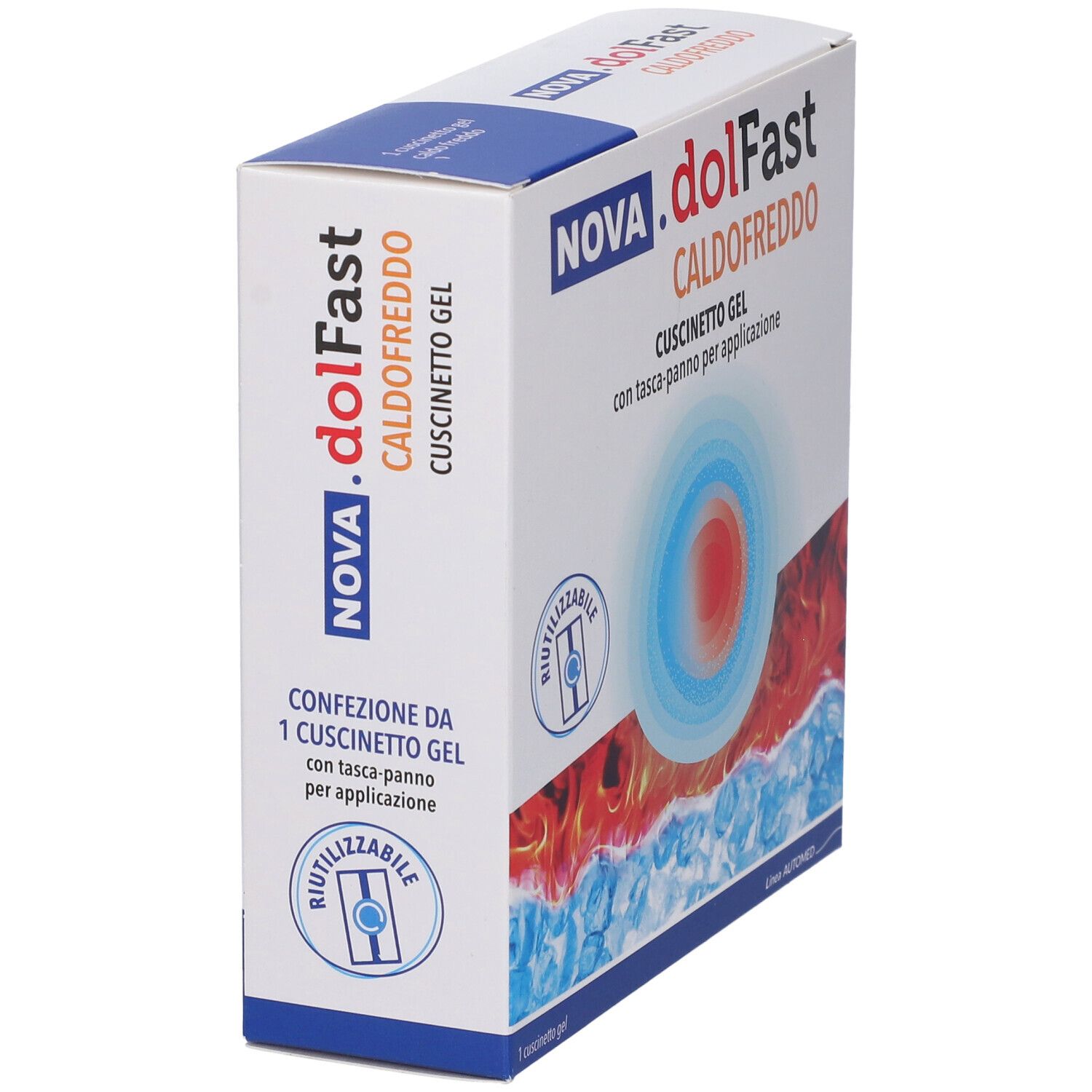 Vista angolata della confezione di Nova Dolfast Caldofreddo Cuscinetto Gel. Bianca, con nome prodotto e grafiche blu e rosse.