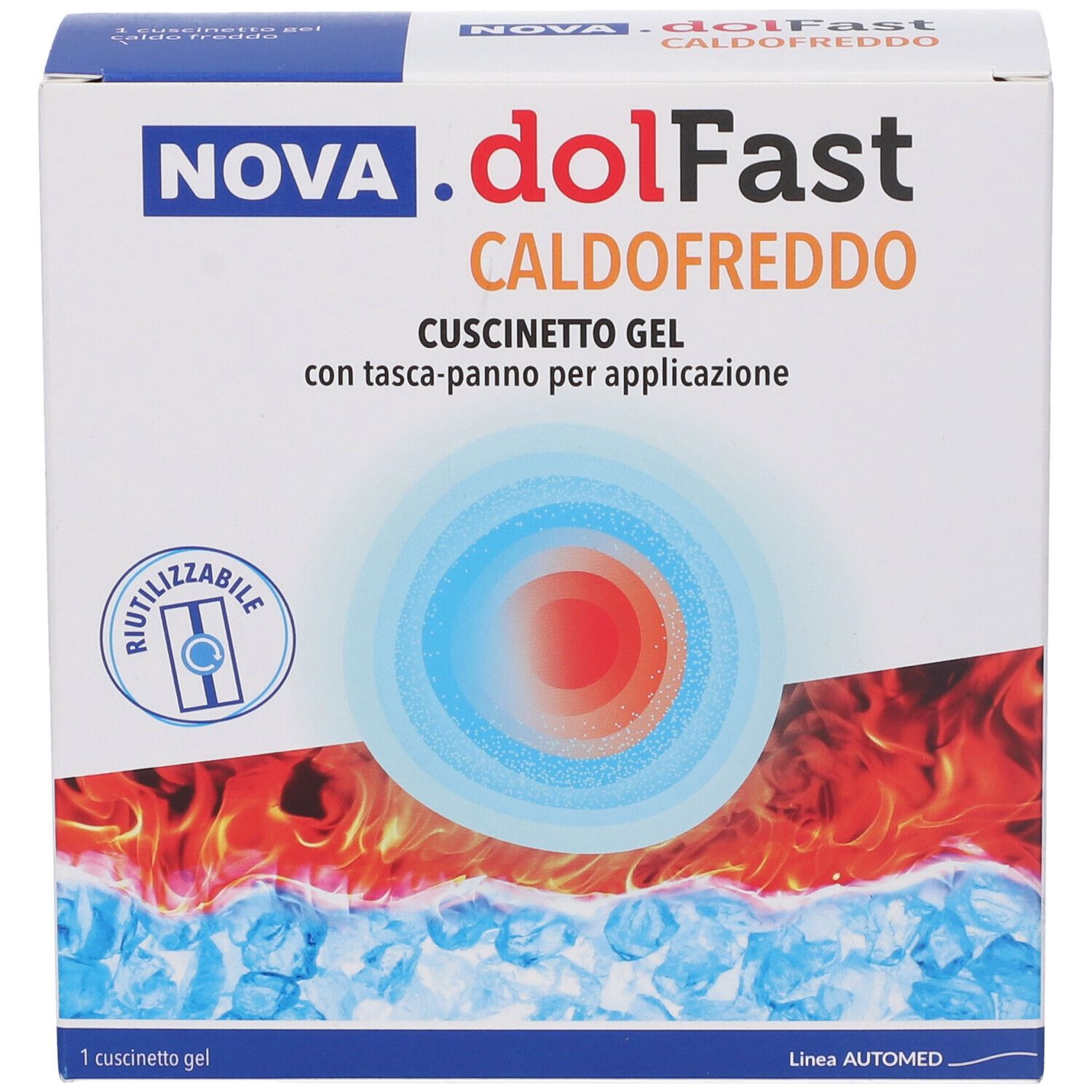 Confezione di Nova Dolfast Caldofreddo Cuscinetto Gel. Bianca, con nome prodotto e grafiche blu e rosse. Riutilizzabile.