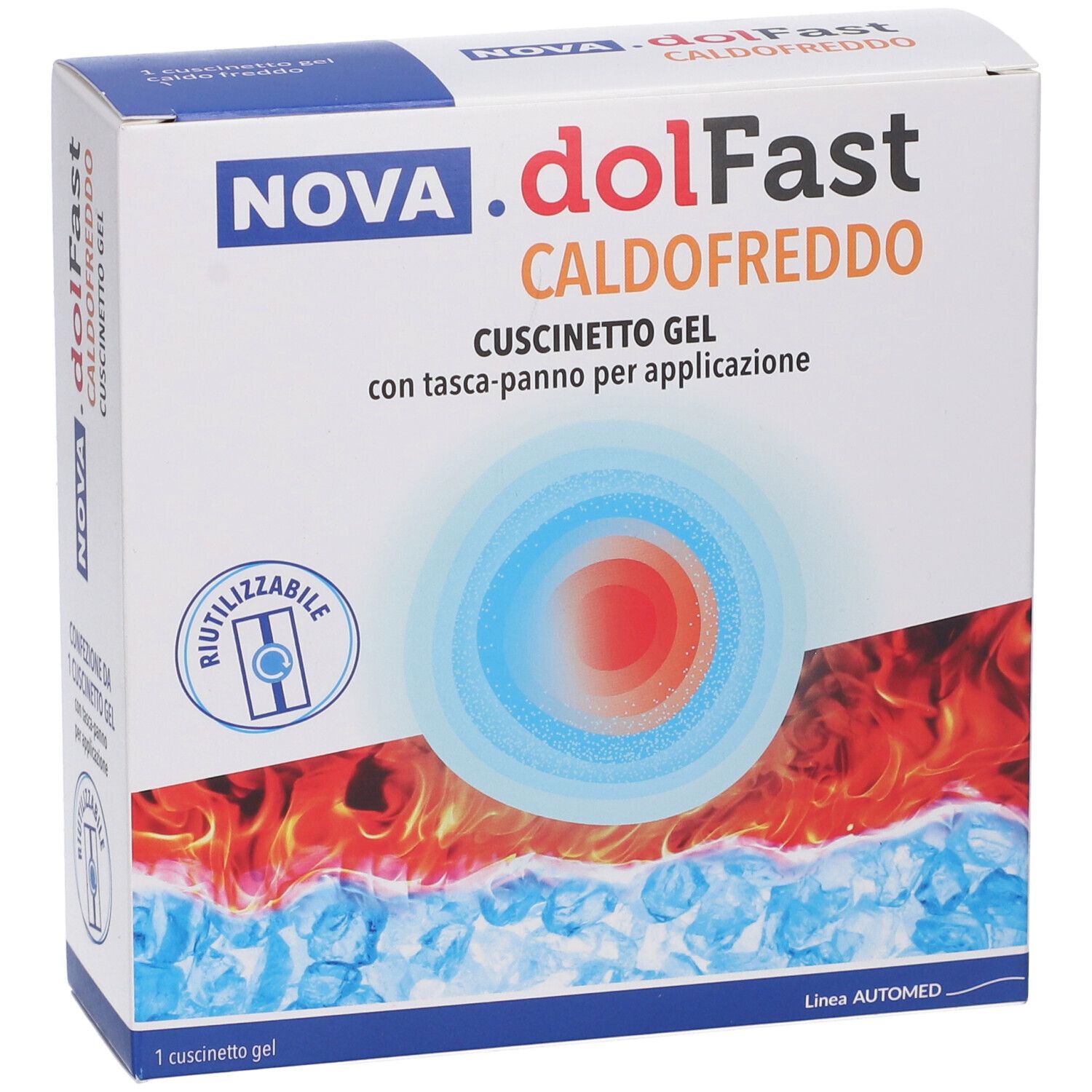 Confezione di Nova Dolfast Caldofreddo Cuscinetto Gel. Bianca, con nome prodotto e grafiche blu e rosse. Riutilizzabile.