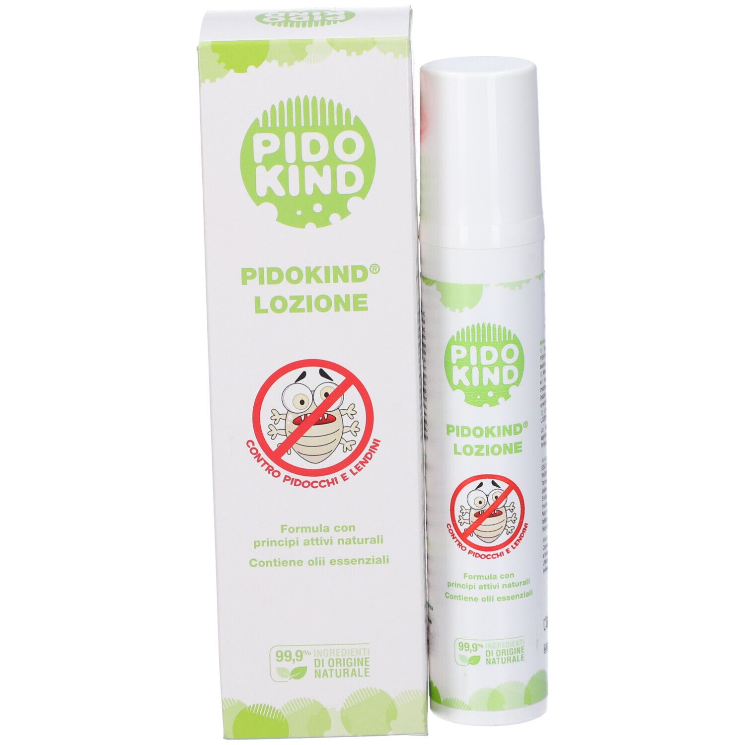 Flacone e scatola bianchi, dettagli verdi. Scritta: PIDOKIND LOZIONE. Illustrazione: pidocchio con croce rossa.
