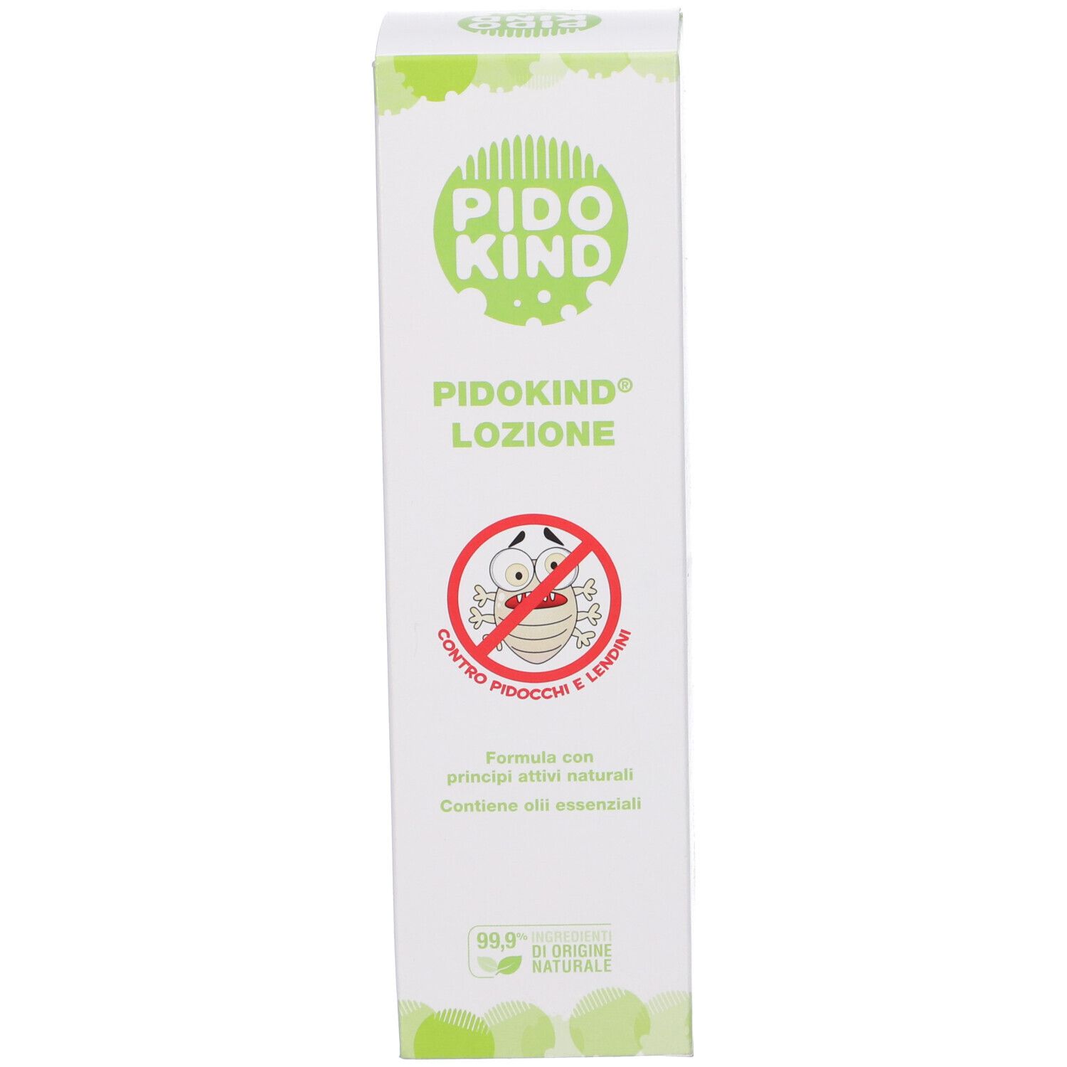 Scatola, dettagli verdi. Scritta: PIDOKIND LOZIONE. Illustrazione: pidocchio con croce rossa.