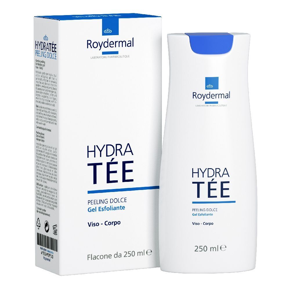 Flacone e scatola bianchi con HYDRA TÉE. Scritta PEELING DOLCE Gel Esfoliante Viso-Corpo. Marchio Roydermal.