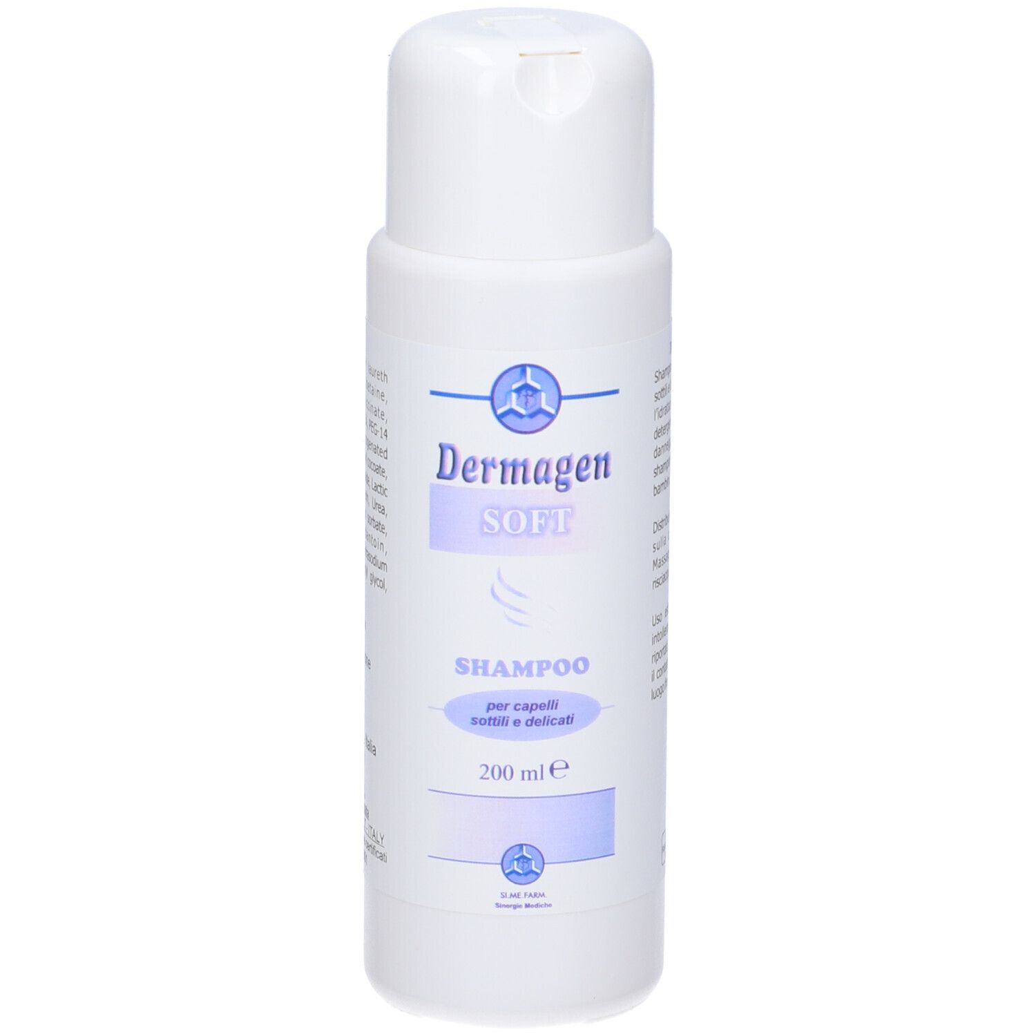 Flacone di shampoo bianco con etichetta blu. Scritta: Dermagen SOFT Shampoo, 200 ml.