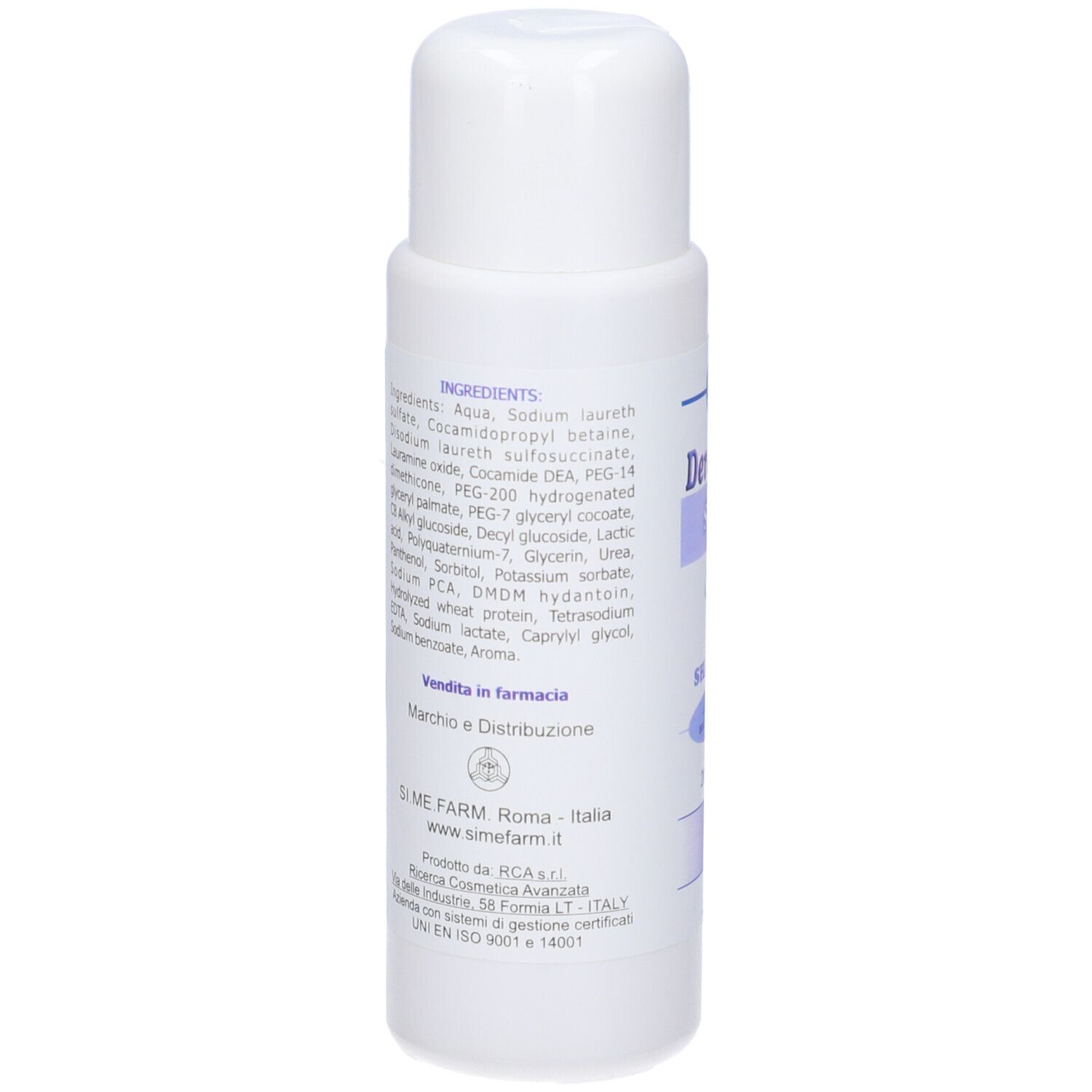 Retro del flacone di shampoo bianco. Contiene ingredienti e informazioni del produttore.