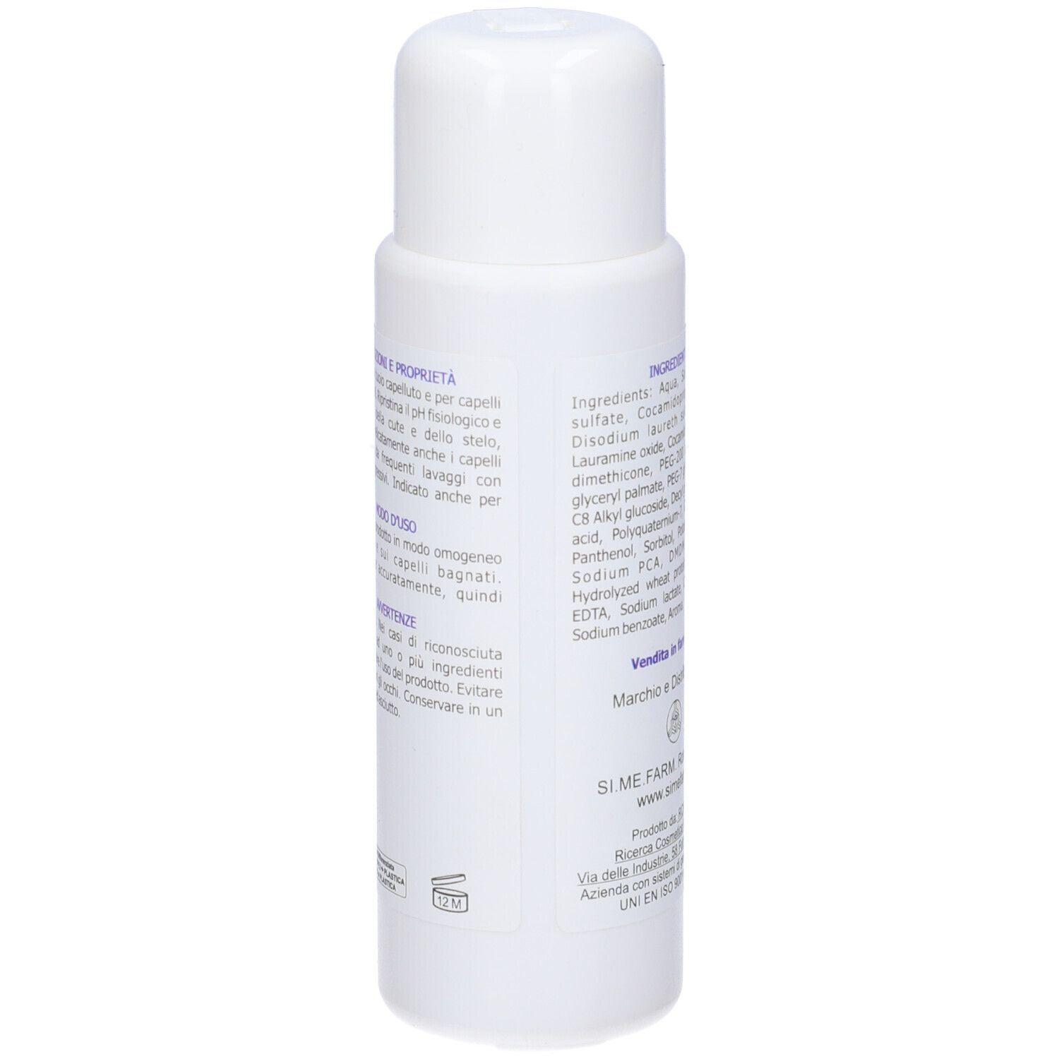 Retro del flacone di shampoo bianco. Contiene informazioni sull'uso e le proprietà.