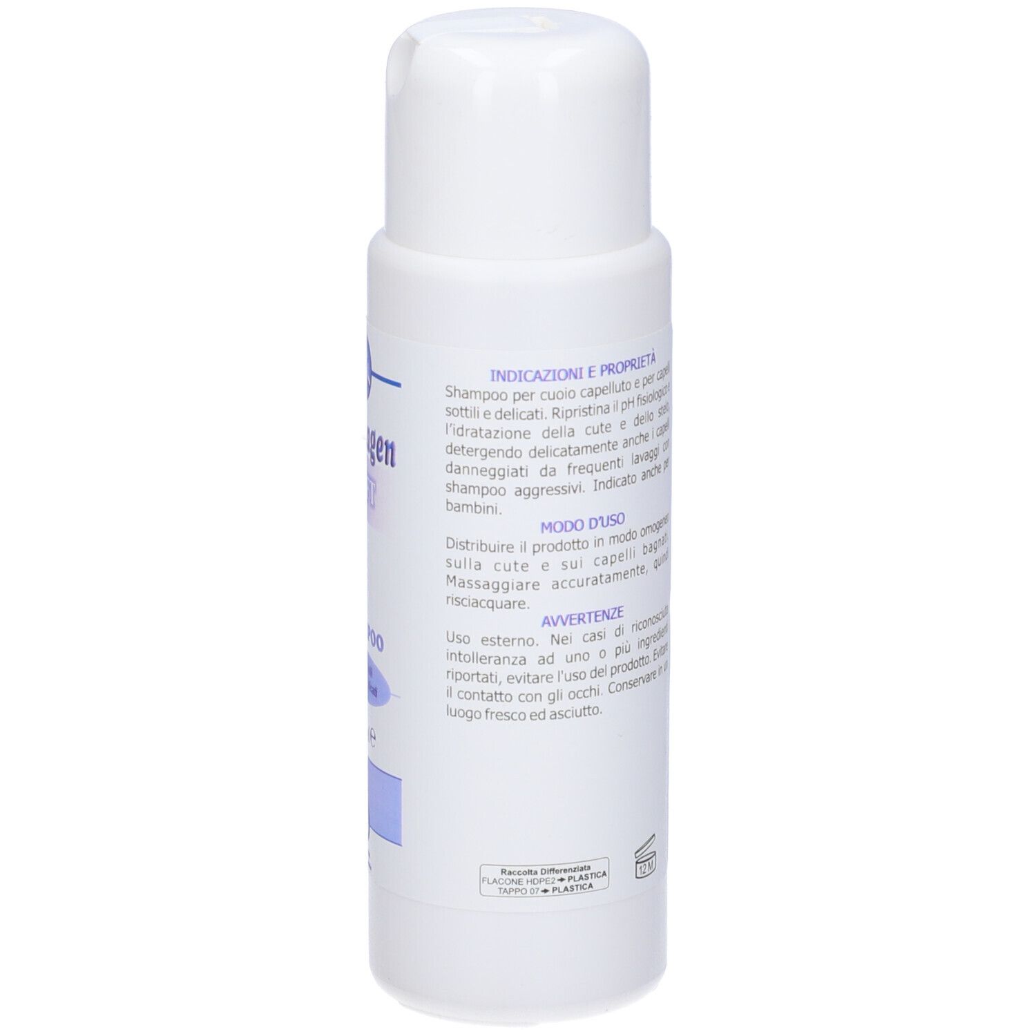 Flacone di shampoo bianco con etichetta blu. Scritta: Dermagen SOFT Shampoo, 200 ml.