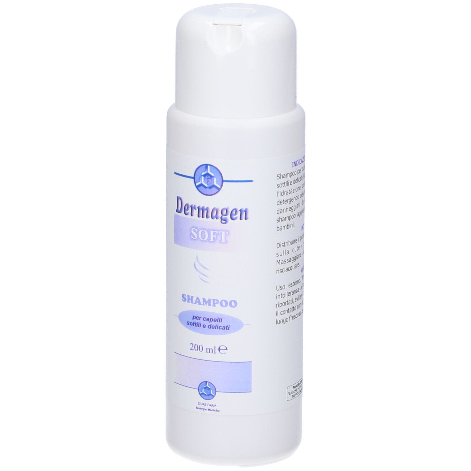 Flacone di shampoo bianco con etichetta blu. Scritta: Dermagen SOFT Shampoo, 200 ml.
