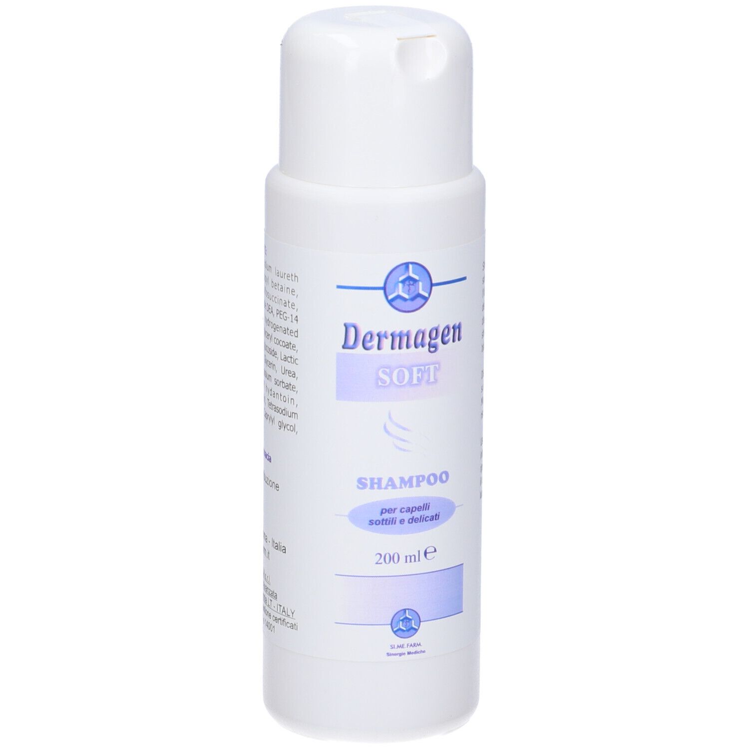 Flacone di shampoo bianco con etichetta blu. Scritta: Dermagen SOFT Shampoo, 200 ml.