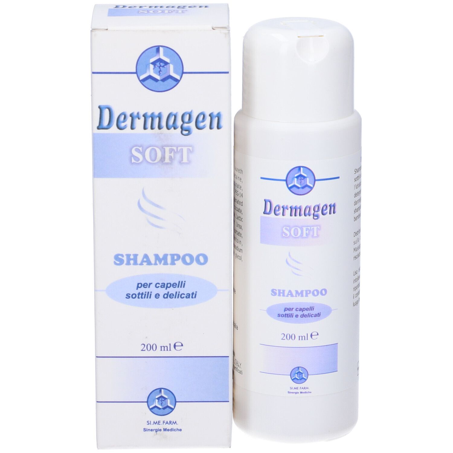 Flacone e confezione di shampoo Dermagen SOFT. Scritta: Shampoo, 200 ml.