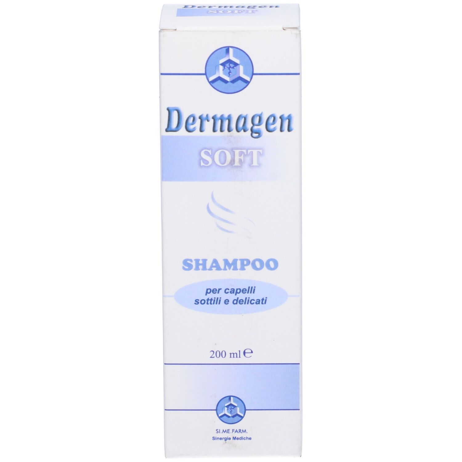 Confezione di shampoo Dermagen SOFT. Scritta: Shampoo, 200 ml.