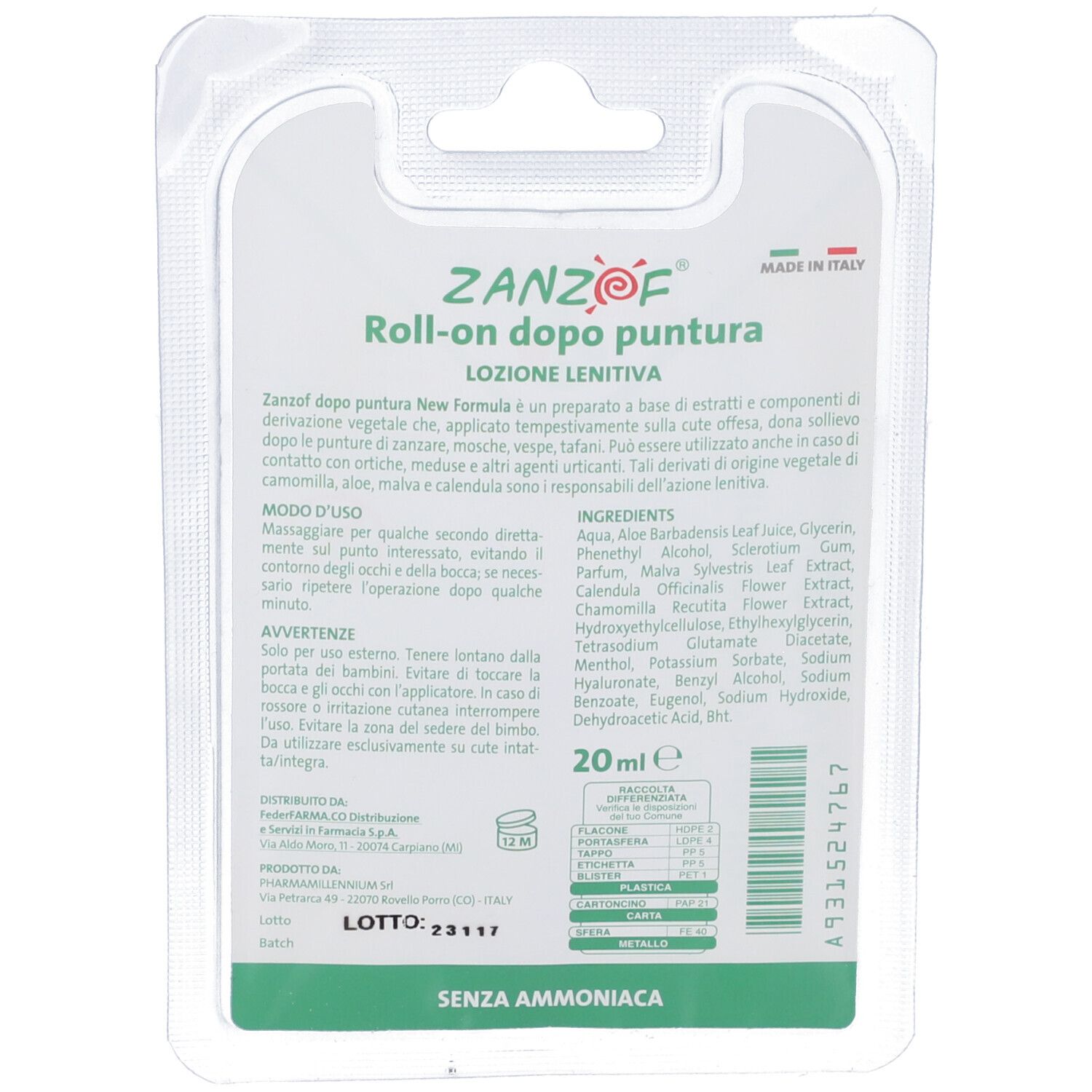 Retro confezione roll-on. Testo: ZANZOF, Roll-on dopo puntura, 20 ml, ingredienti. Prodotto in Italia. Senza ammoniaca.
