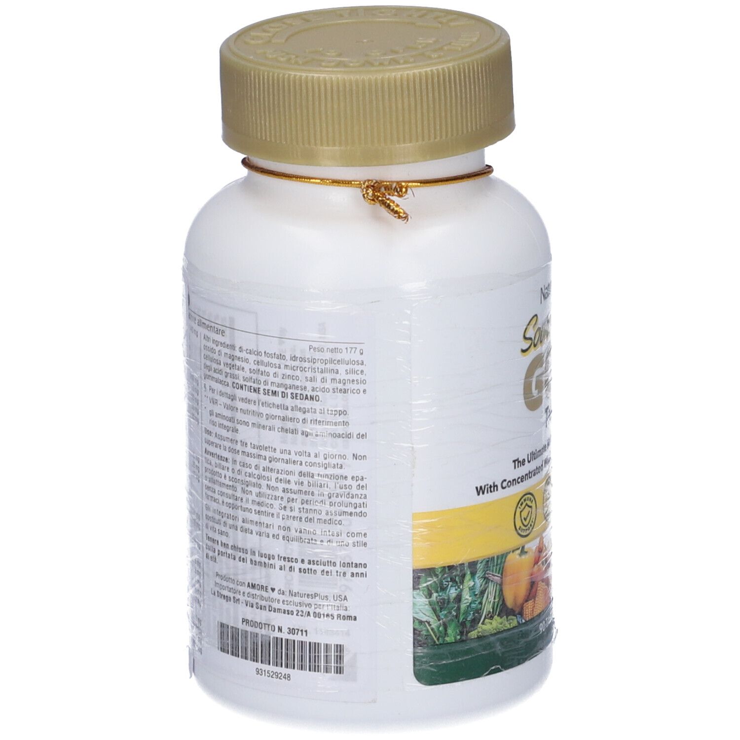 Retro del flacone bianco con tappo dorato. Testo in italiano. Etichetta con informazioni nutrizionali.