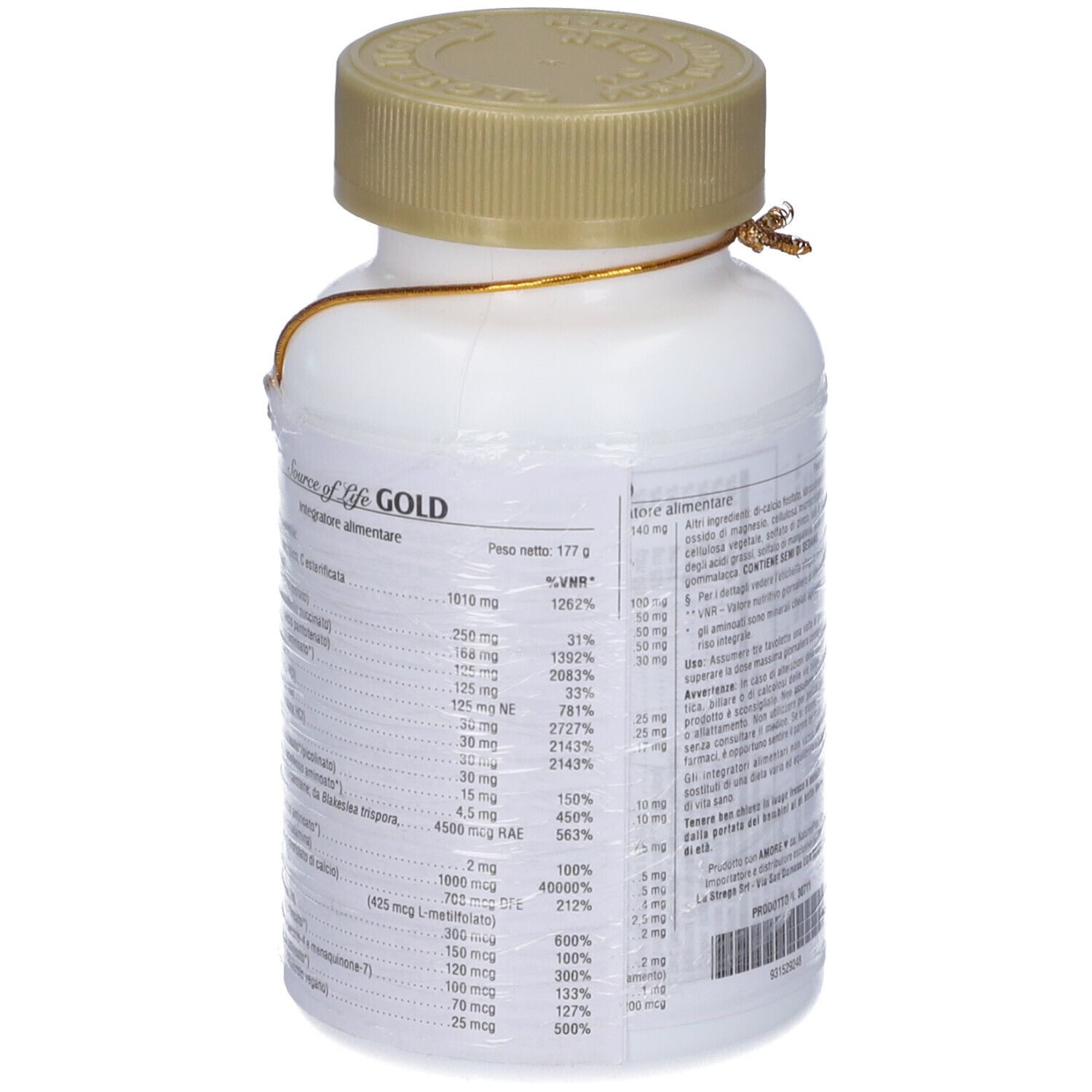 Retro del flacone bianco con tappo dorato. Etichetta con informazioni nutrizionali e ingredienti in italiano.