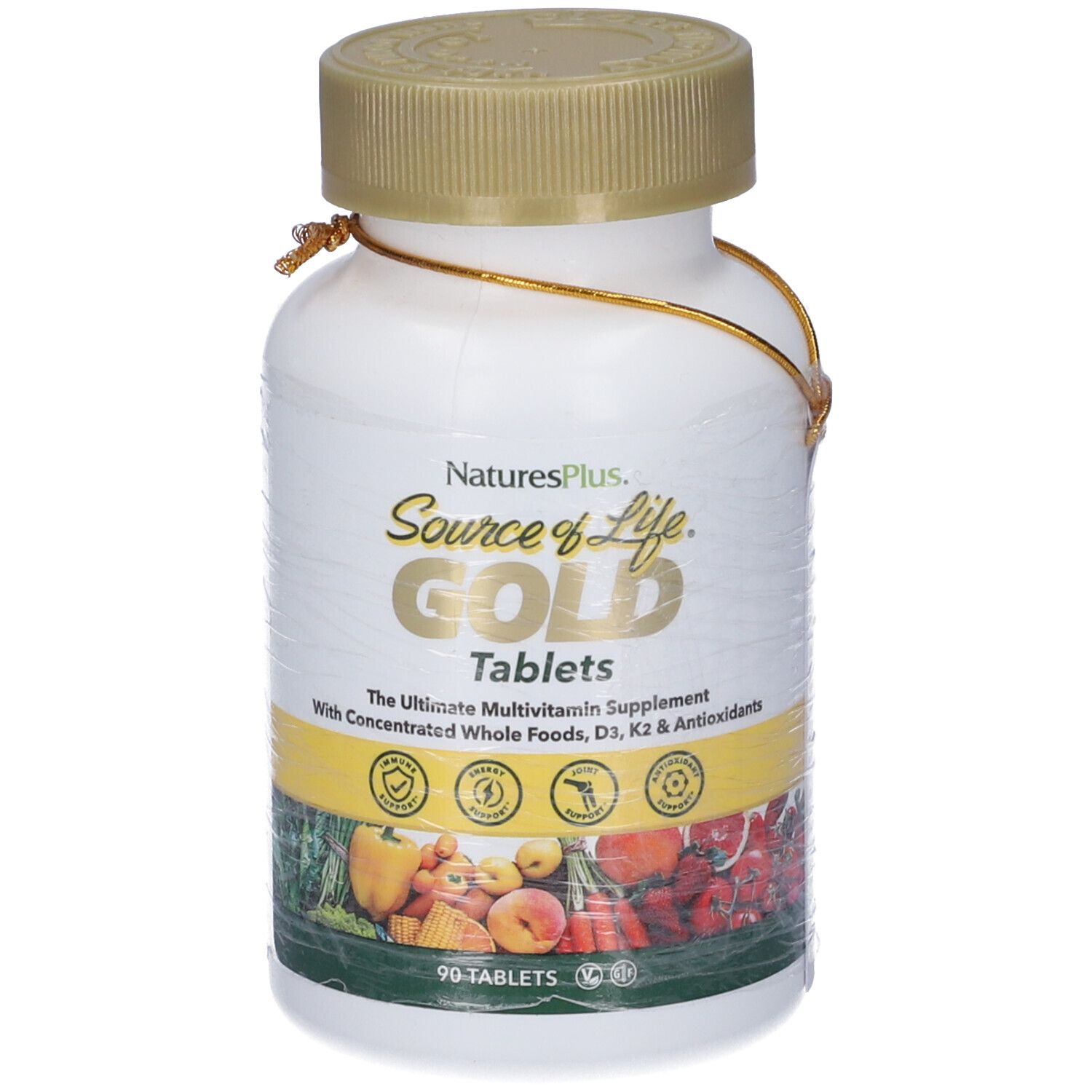 Flacone bianco con tappo dorato. Scritta: Source of Life Gold Tablets. 90 compresse. Immagine di frutta e verdura.