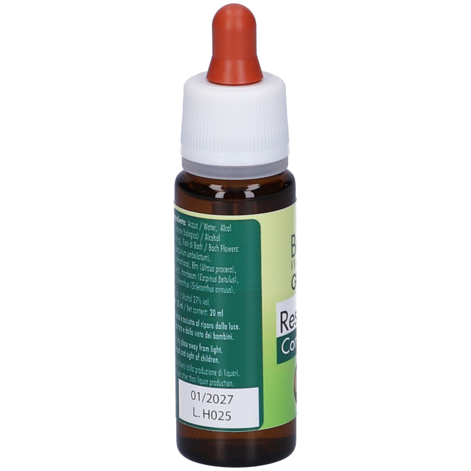 Flacone di vetro marrone con contagocce. Scritta: fiori di Bach flowers guna, Resource Confidence. Elenco ingredienti e scadenza.