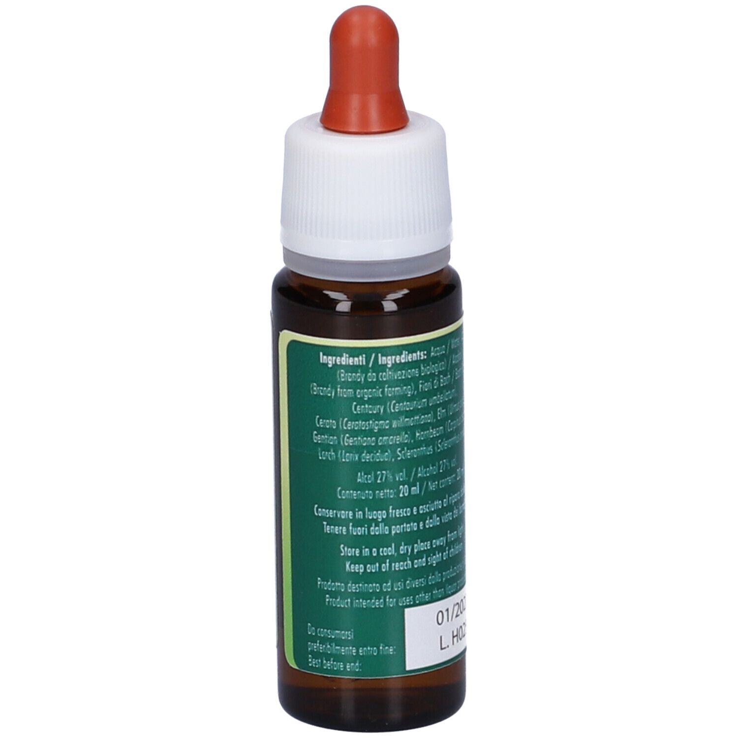 Flacone di vetro marrone con contagocce. Scritta: fiori di Bach flowers guna, Resource Confidence. Elenco ingredienti e scadenza.