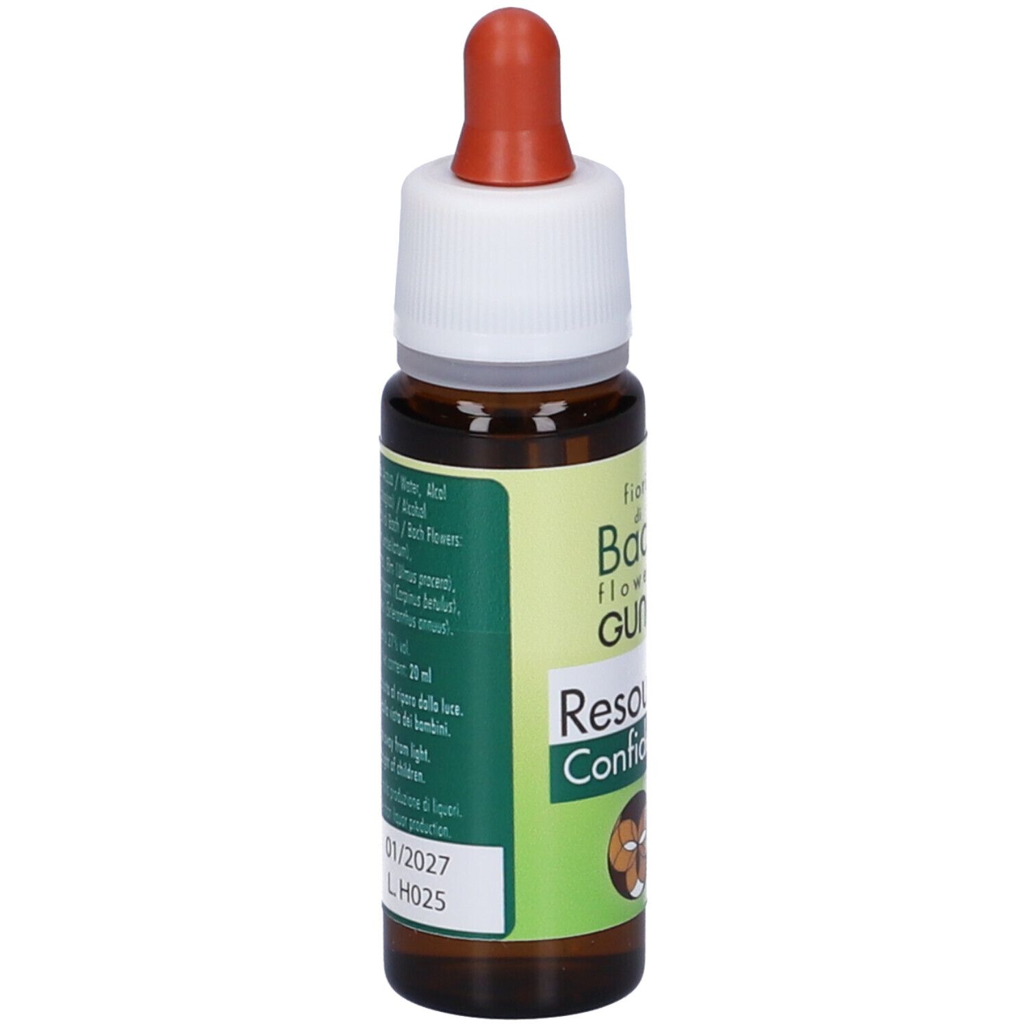 Flacone di vetro marrone con contagocce. Scritta: fiori di Bach flowers guna, Resource Confidence. Elenco ingredienti e scadenza.