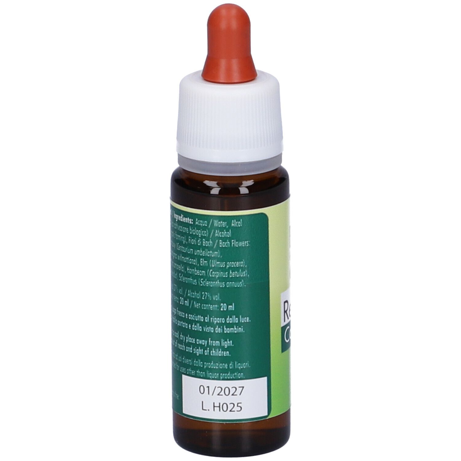 Flacone di vetro marrone con contagocce. Scritta: fiori di Bach flowers guna, Resource Confidence. Elenco ingredienti e scadenza.