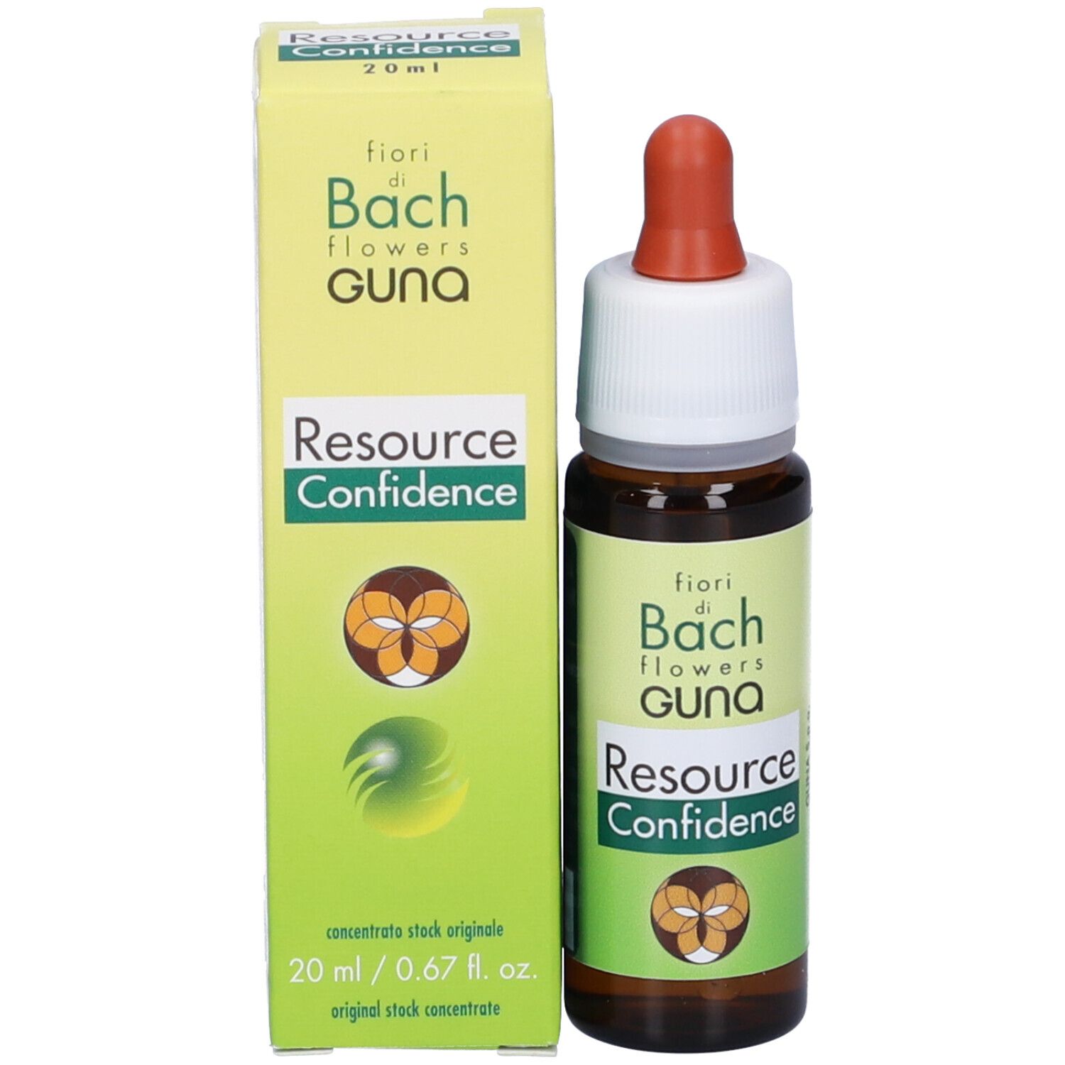Flacone di vetro marrone con contagocce e confezione verde. Scritta: Resource Confidence, fiori di Bach flowers guna.