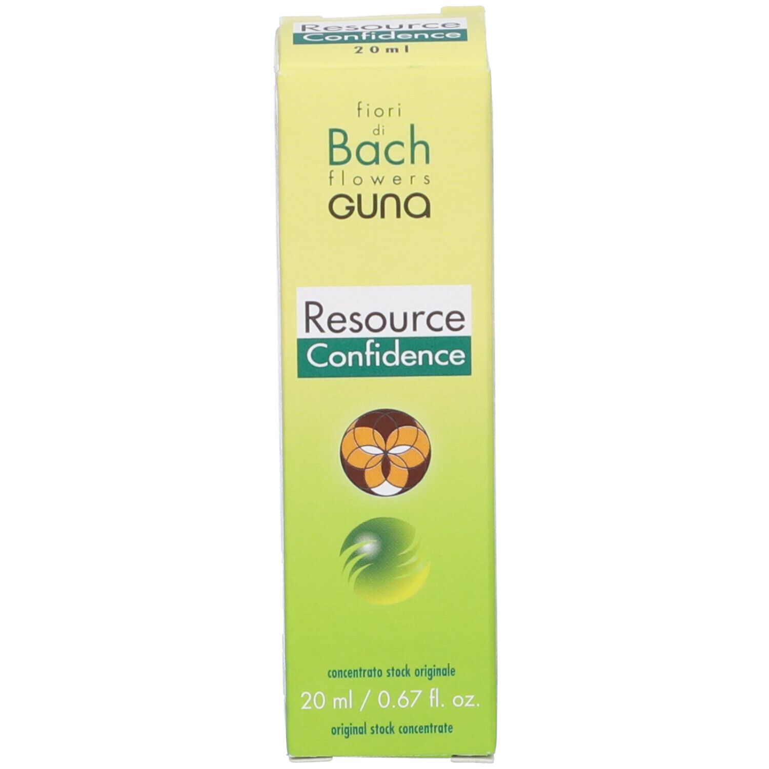Confezione verde con scritta: Resource Confidence, fiori di Bach flowers guna. Logo con fiori.