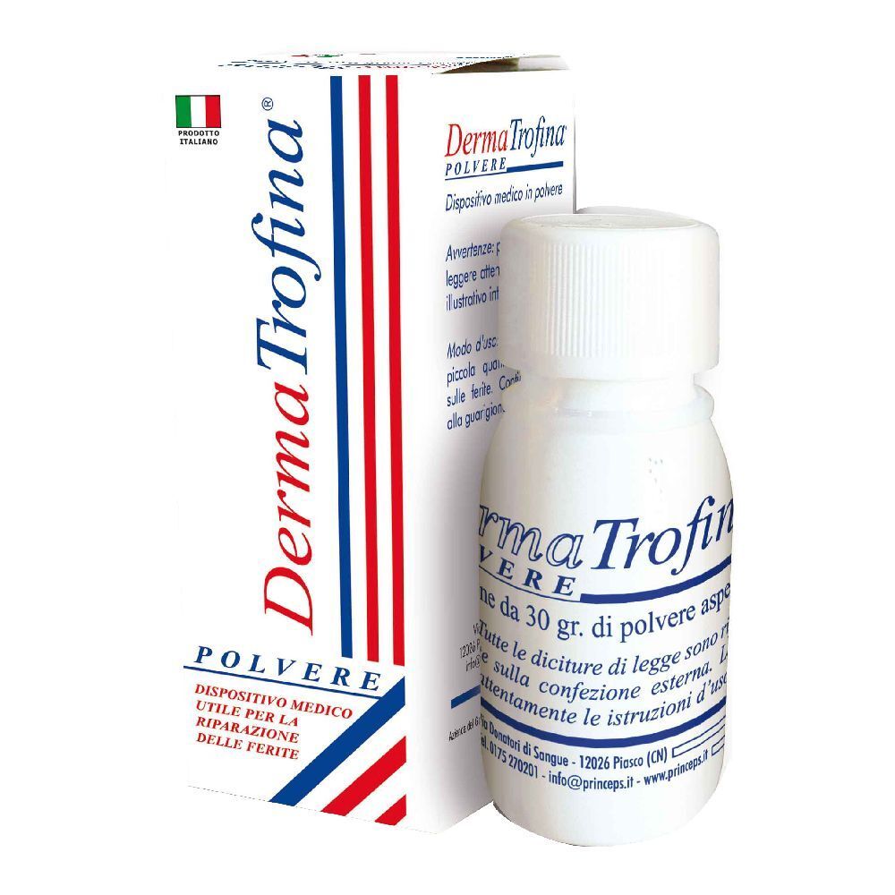 Flacone e scatola bianchi con Dermatrofina Polvere. Bandiera italiana sulla scatola. Dispositivo medico.