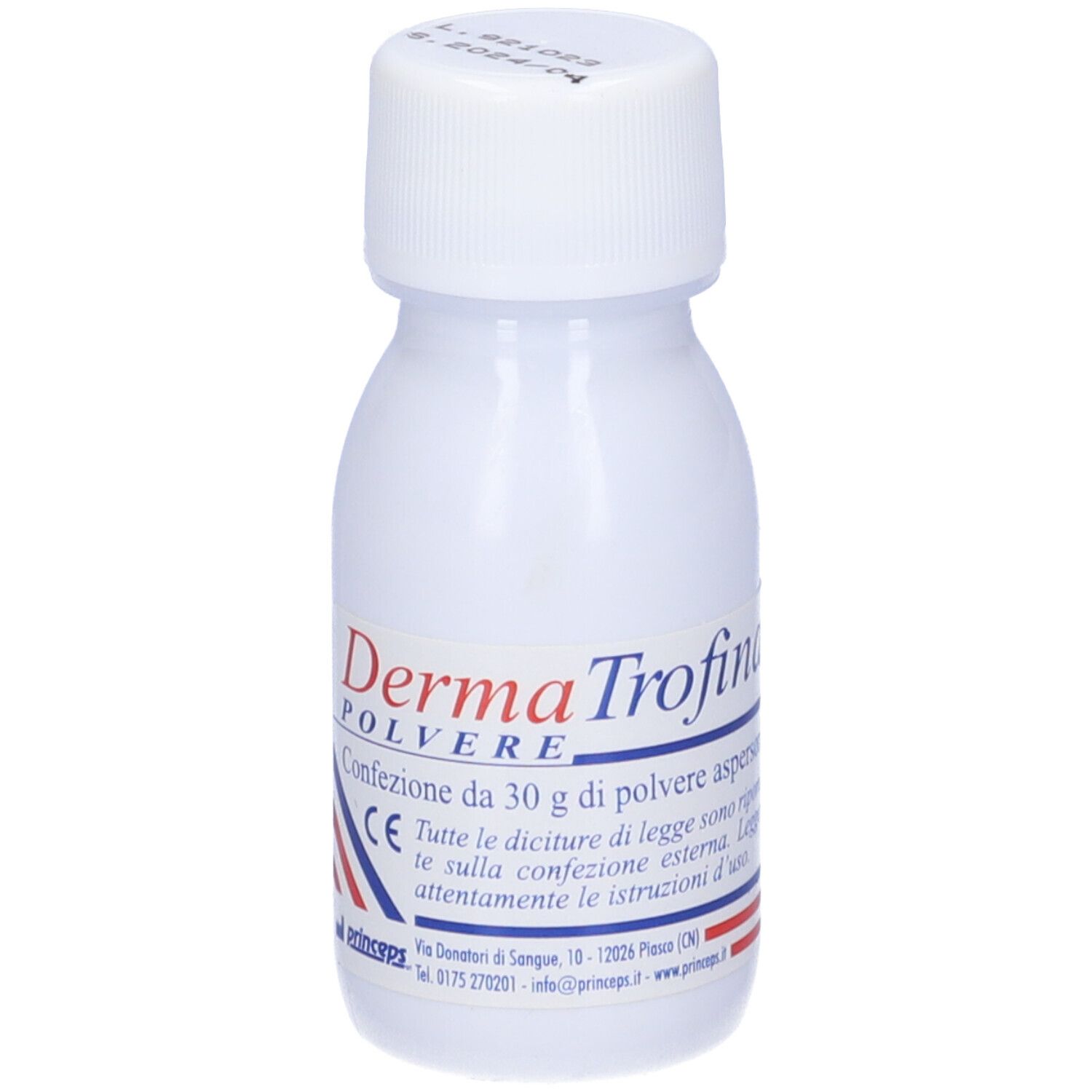 Flacone bianco con Dermatrofina Polvere. Scritta: Confezione da 30 g di polvere. Marchio CE.
