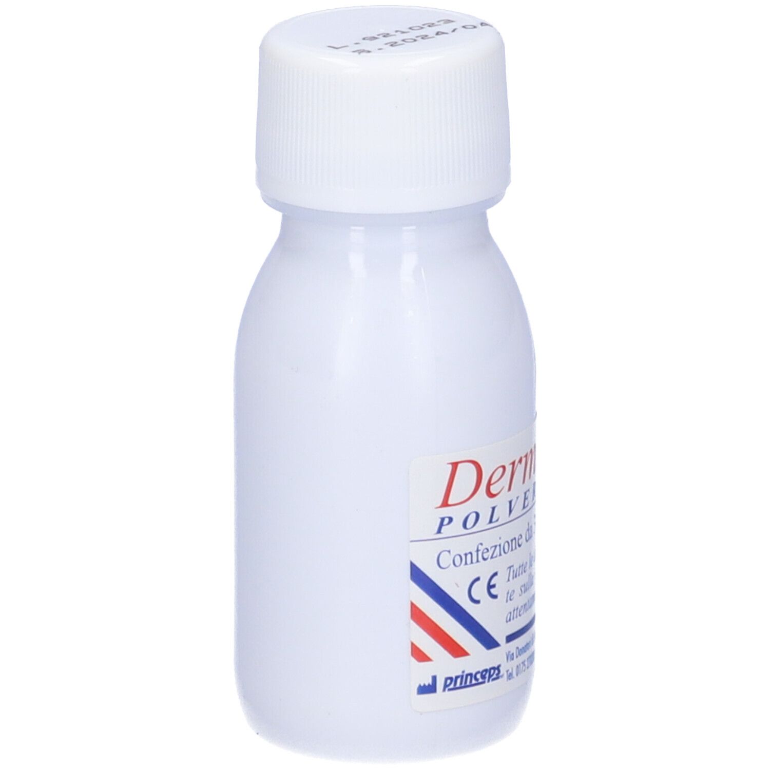 Flacone bianco con Dermatrofina Polvere. Scritta: Confezione da 30 g di polvere. Marchio CE.