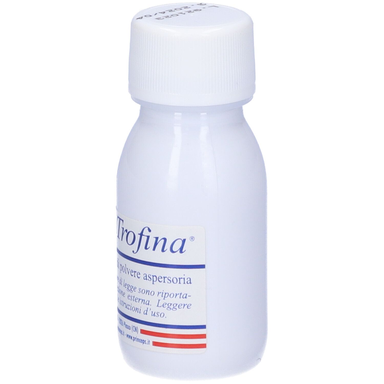 Flacone bianco con Dermatrofina Polvere. Scritta: Confezione da 30 g di polvere. Marchio CE.