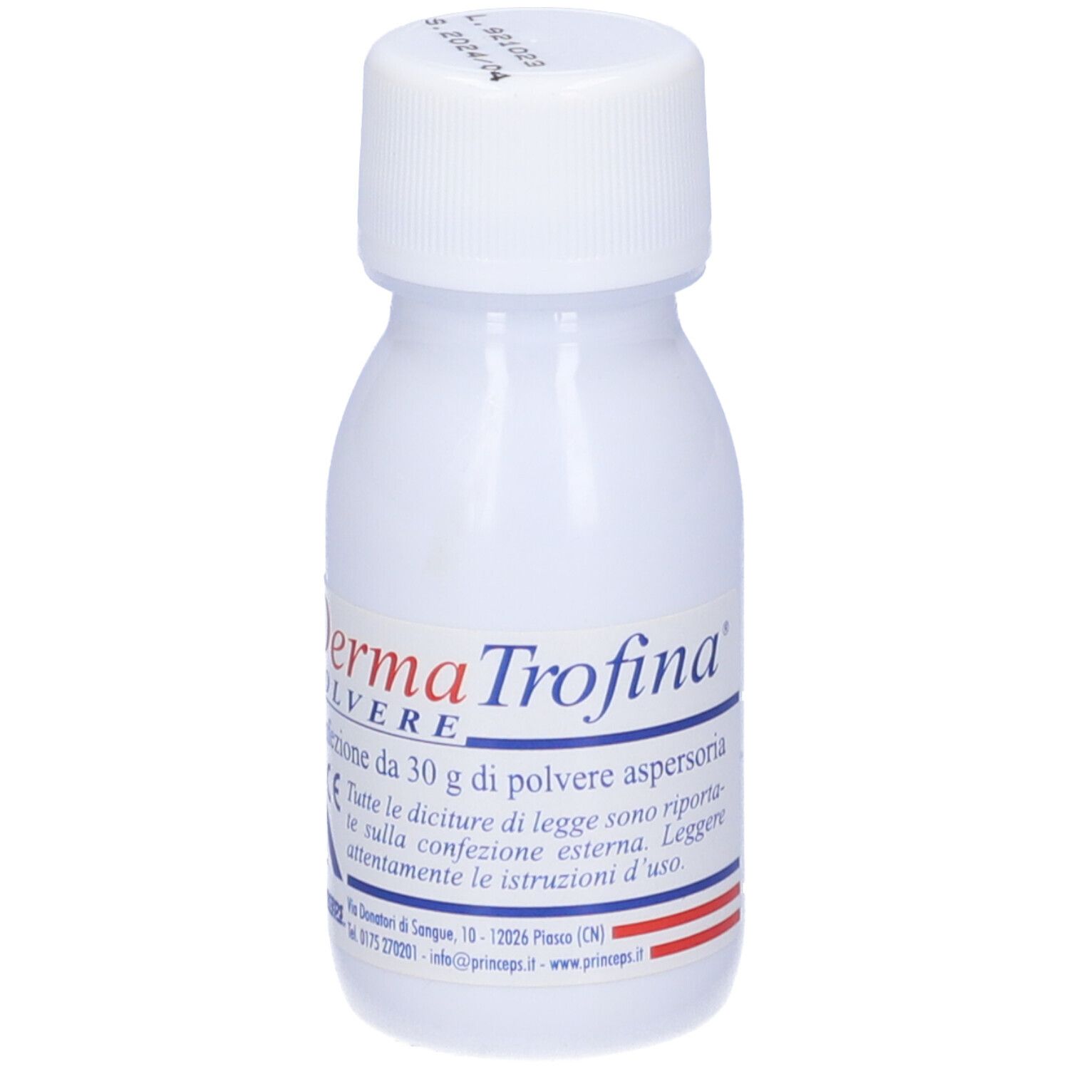 Flacone bianco con Dermatrofina Polvere. Scritta: Confezione da 30 g di polvere. Marchio CE.