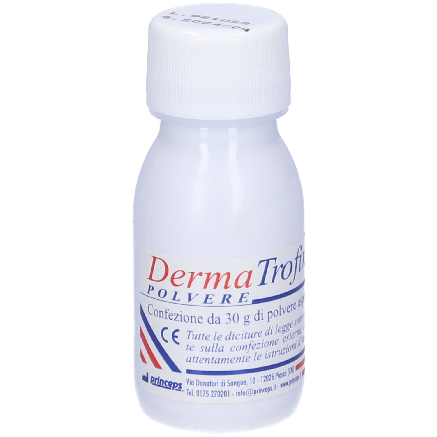 Flacone bianco con Dermatrofina Polvere. Scritta: Confezione da 30 g di polvere. Marchio CE.