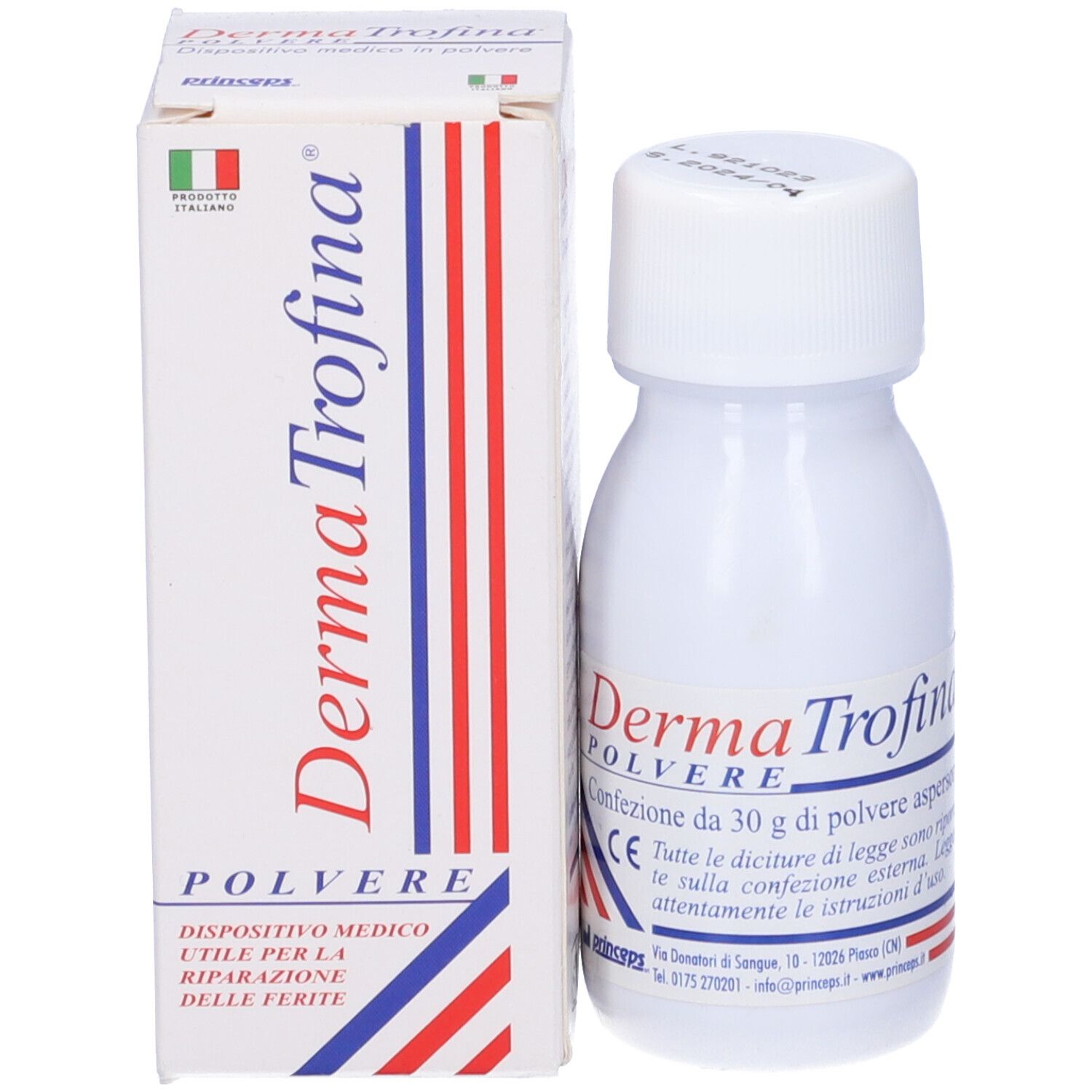 Flacone e scatola bianchi con Dermatrofina Polvere. Bandiera italiana sulla scatola. Dispositivo medico.